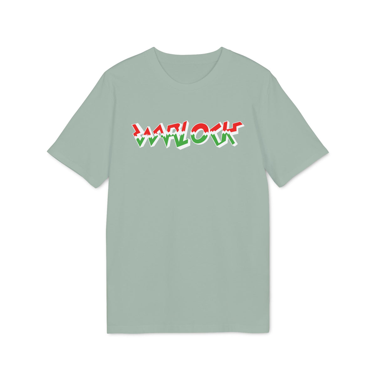 Light blue t-shirt with "WARLOCK" text graphic in red and green.