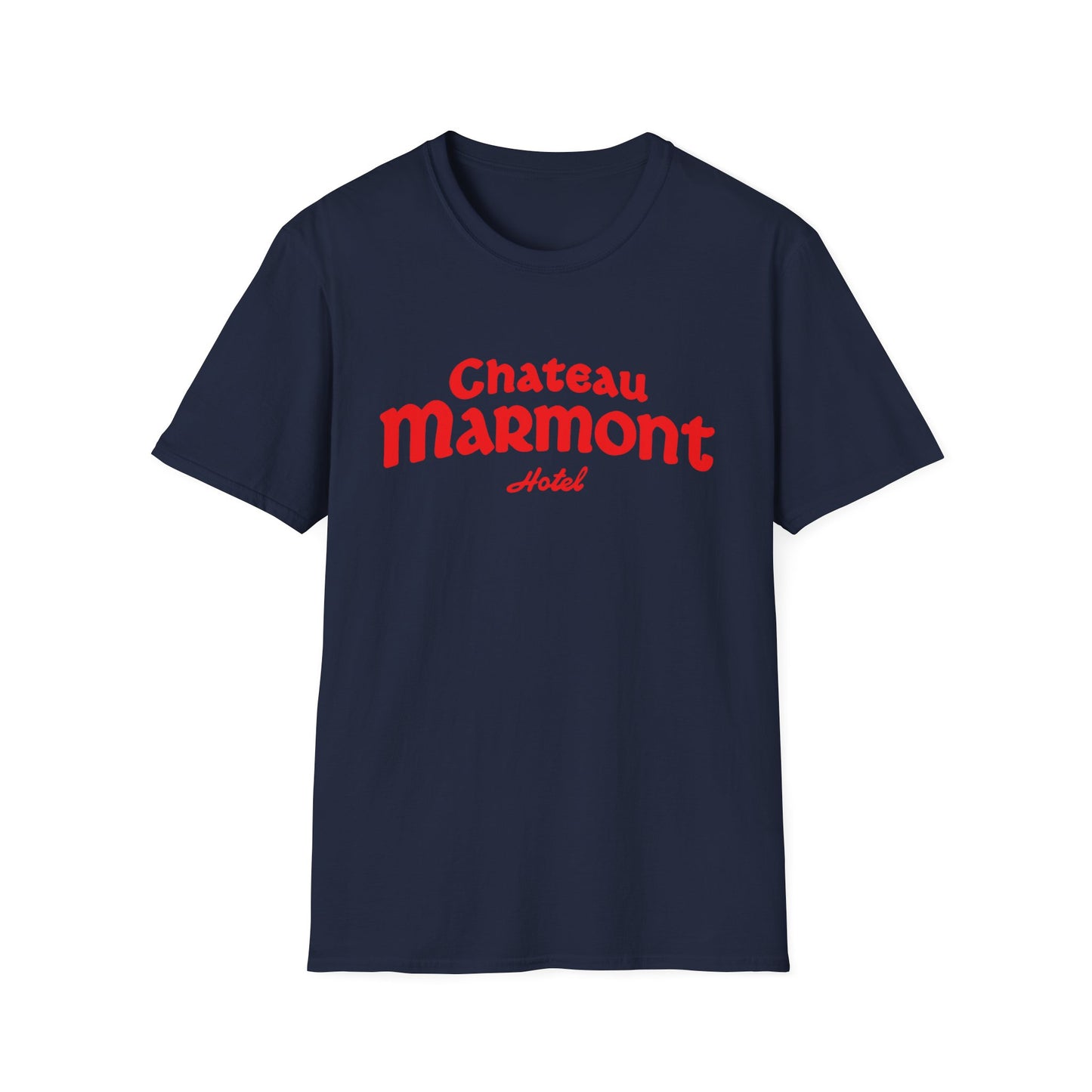 Navy t-shirt with red "Chateau Marmont Hotel" text.