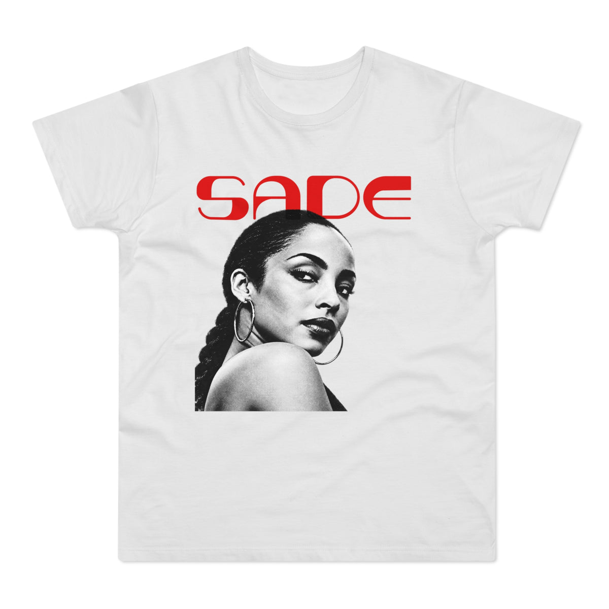 White t-shirt with black and white Sade portrait and red "SADE" text.