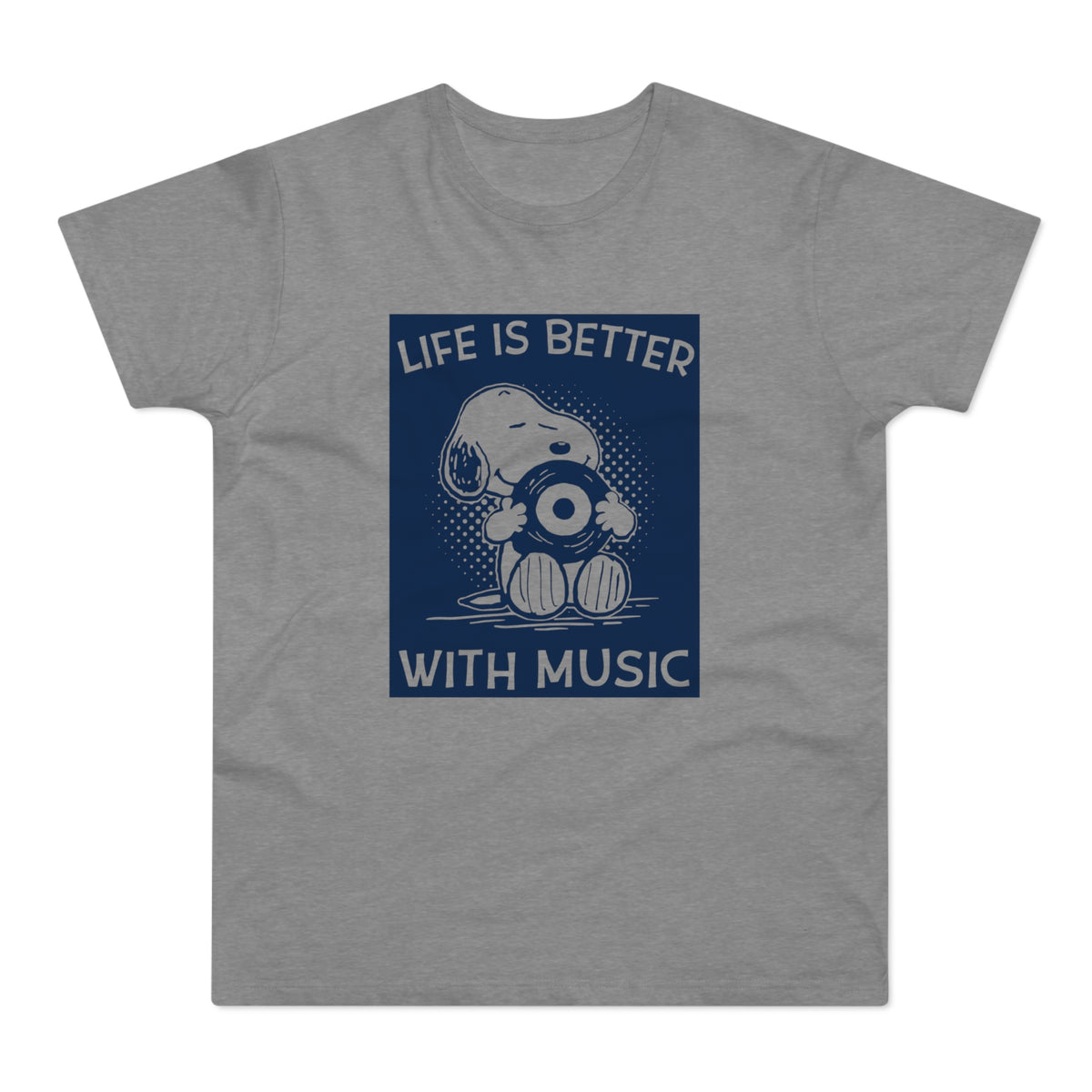 Snoopy holding a vinyl record with text "LIFE IS BETTER WITH MUSIC".