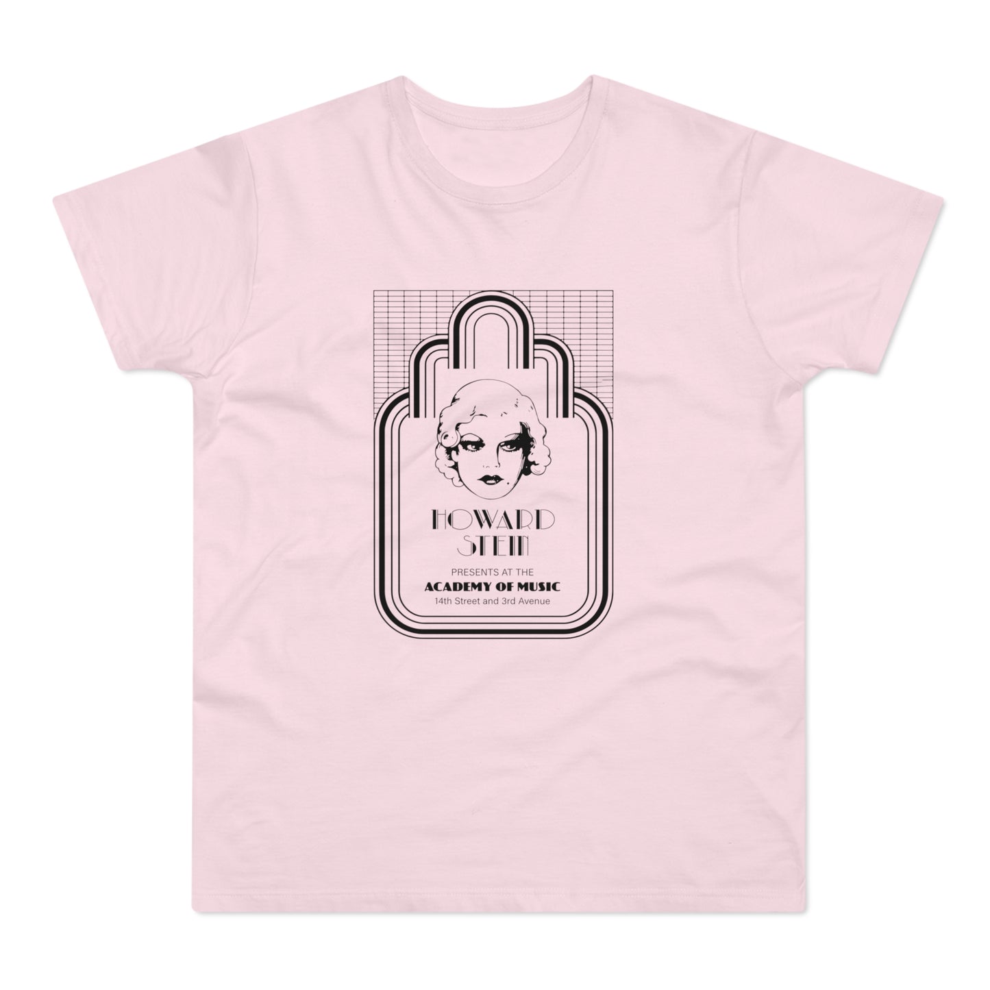 Pink t-shirt with Howard Stein Presents at the Academy of Music graphic.