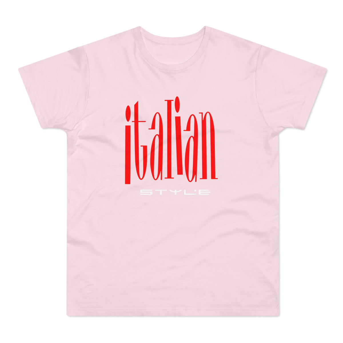 Pink t-shirt with red "Italian" text and white "STYLE" text.