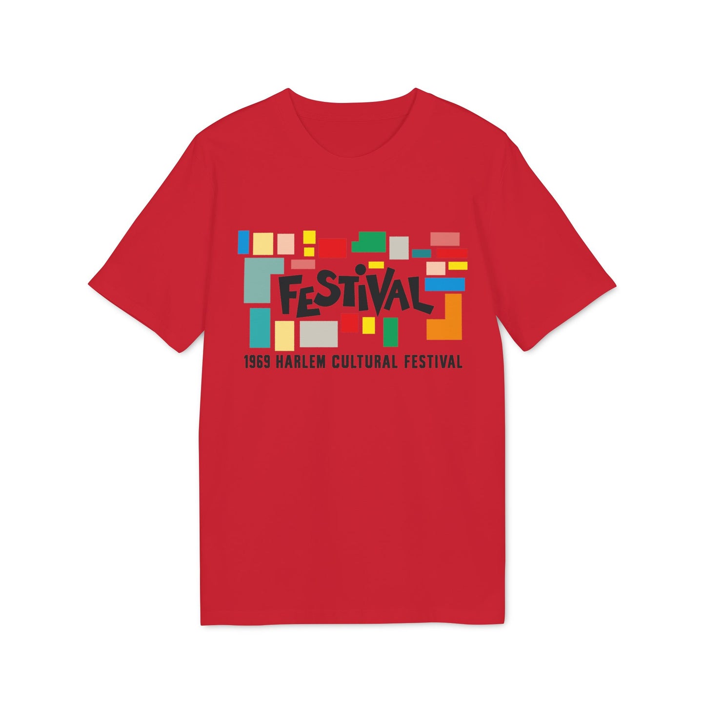 Red t-shirt with "FESTIVAL 1969 Harlem Cultural Festival" graphic.