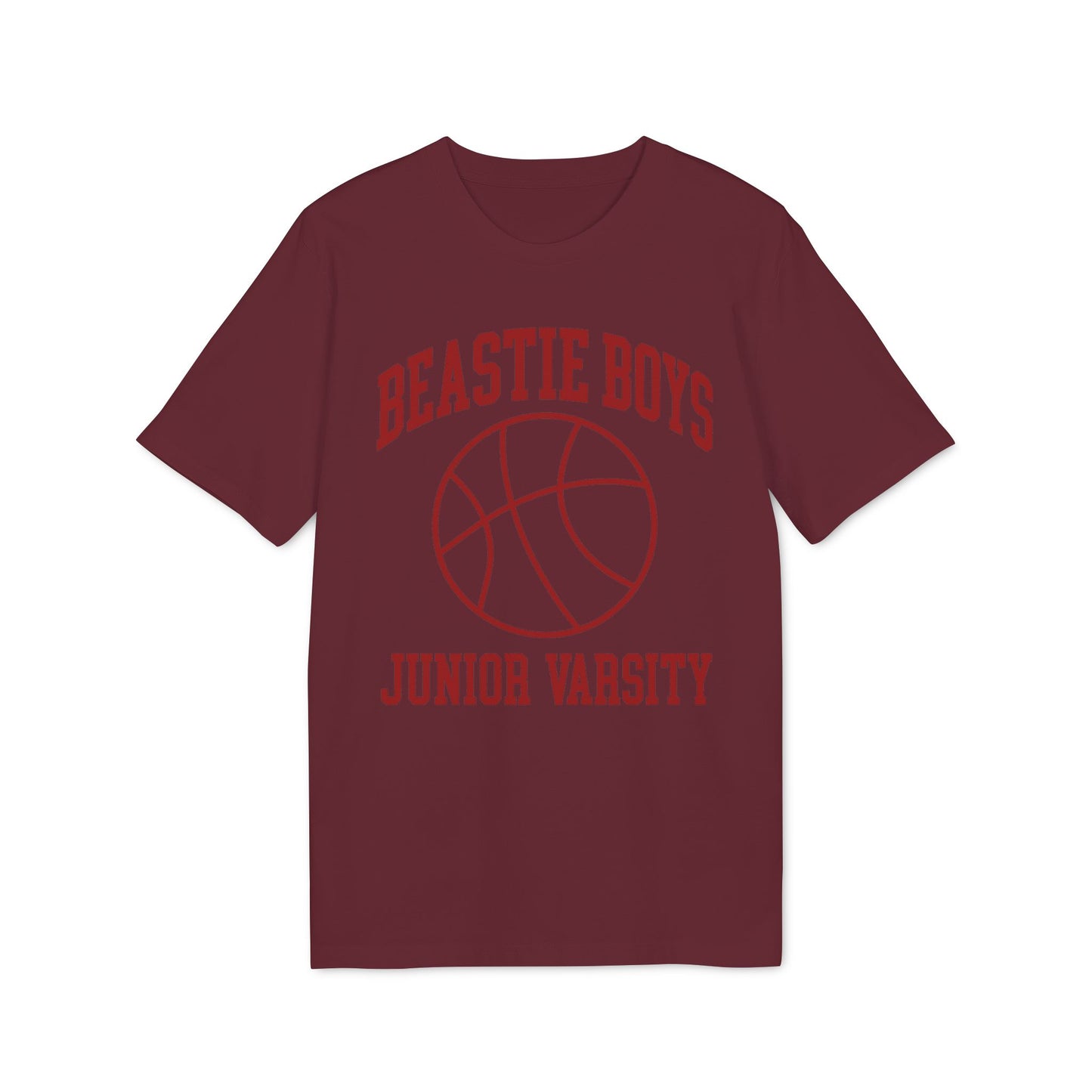 Maroon t-shirt with red "Beastie Boys Junior Varsity" text and basketball graphic.