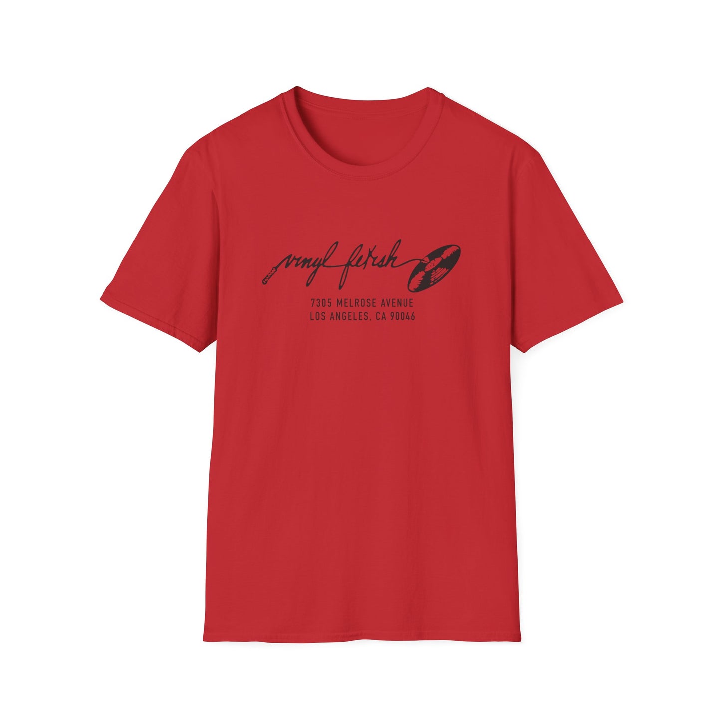 Red t-shirt with black "Vinyl Fetish" text and address.