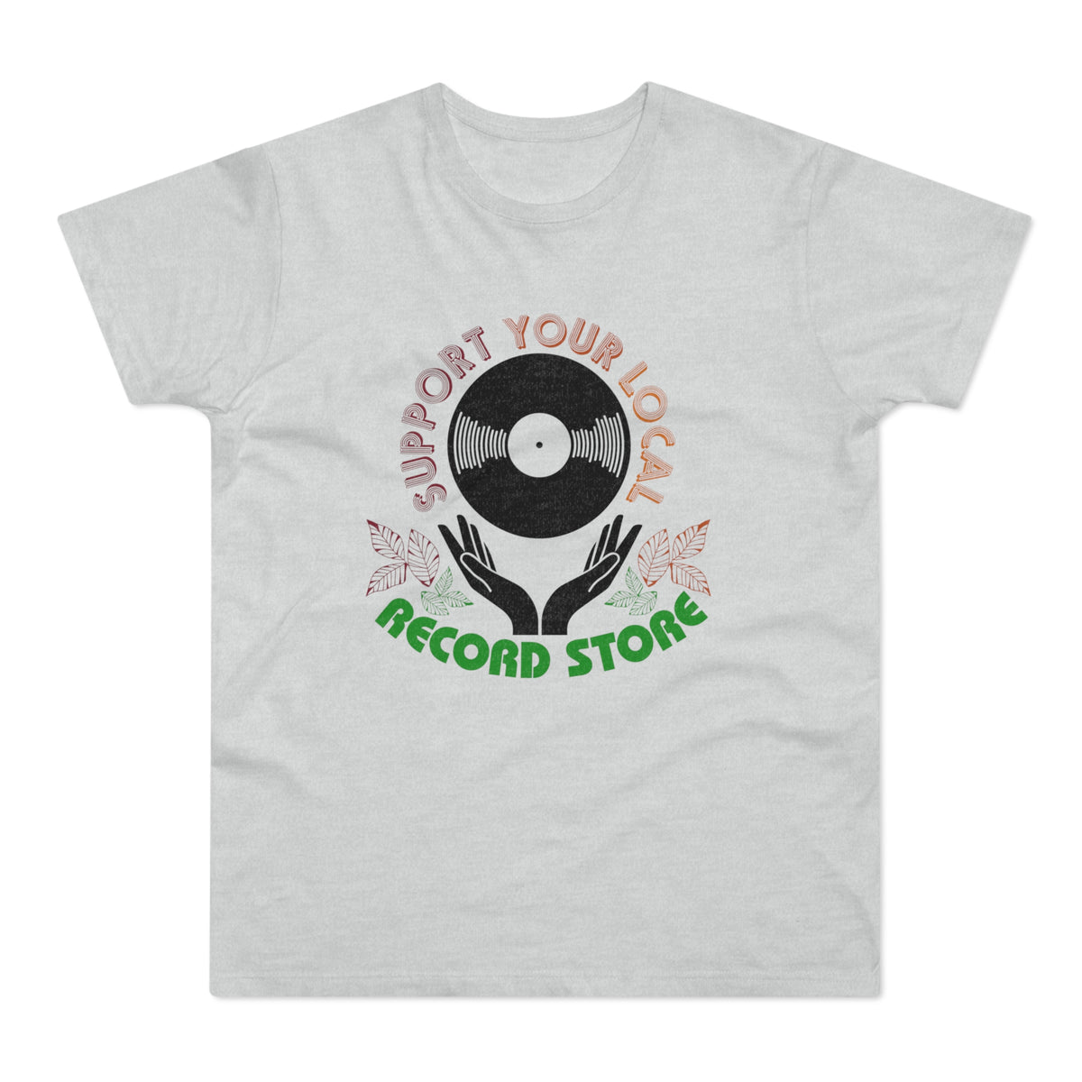 Light grey t-shirt with black vinyl record graphic and text.