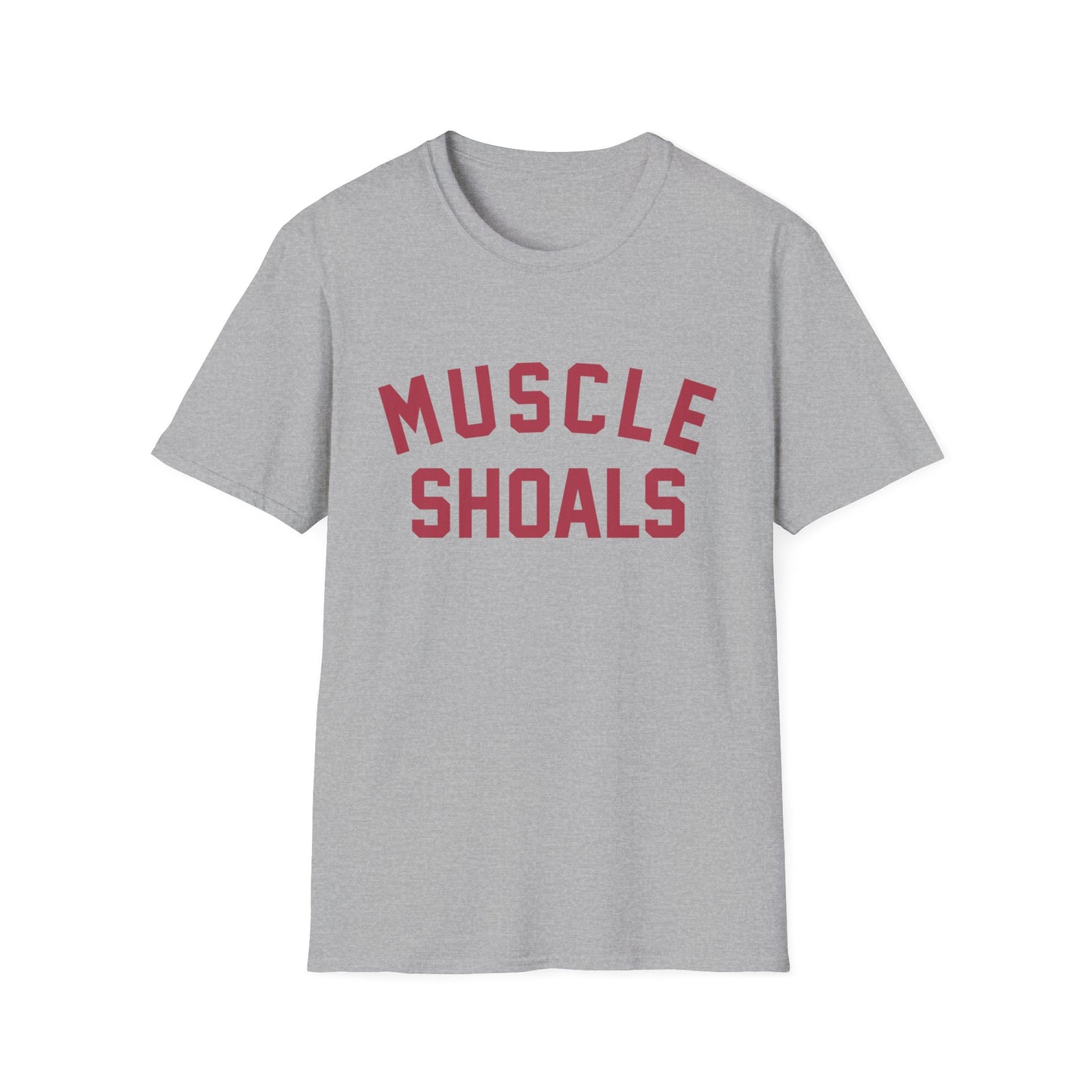 Grey t-shirt with maroon text that reads "MUSCLE SHOALS"