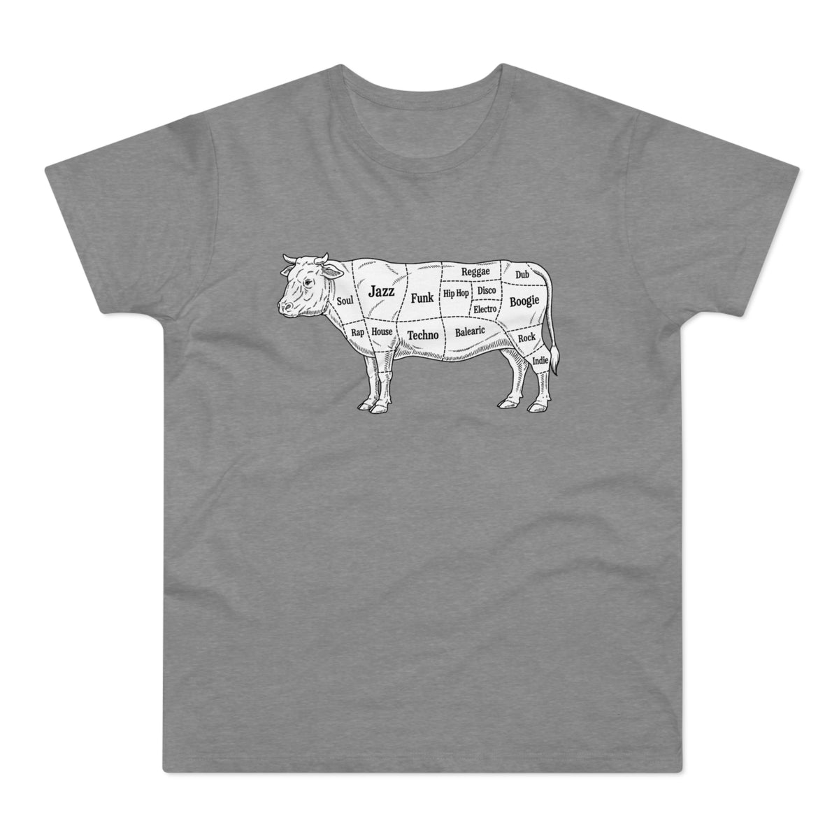 Grey t-shirt with black line drawing of a cow labeled with music genres.