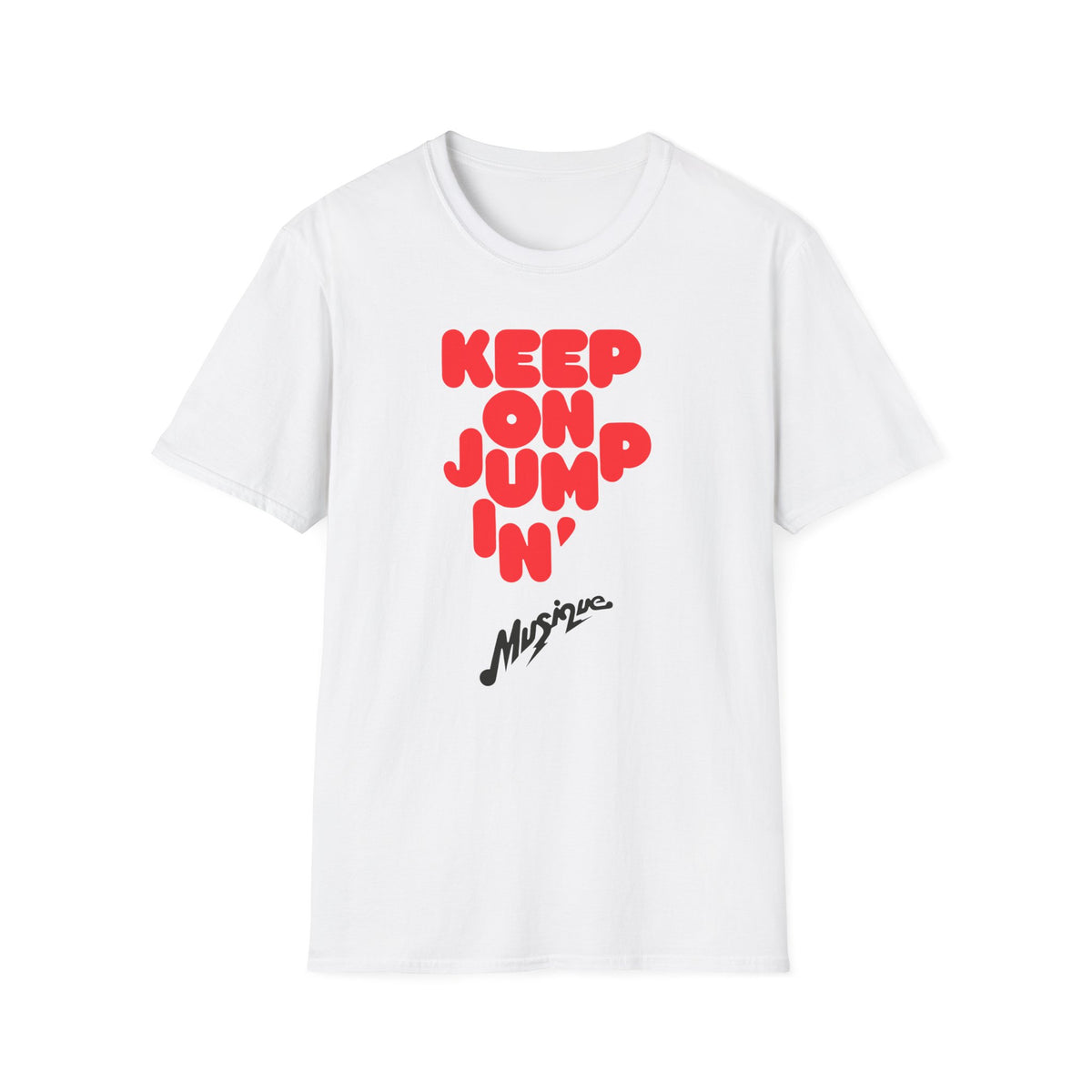 White t-shirt with red text "KEEP ON JUMP 'N" and black text "Musique".