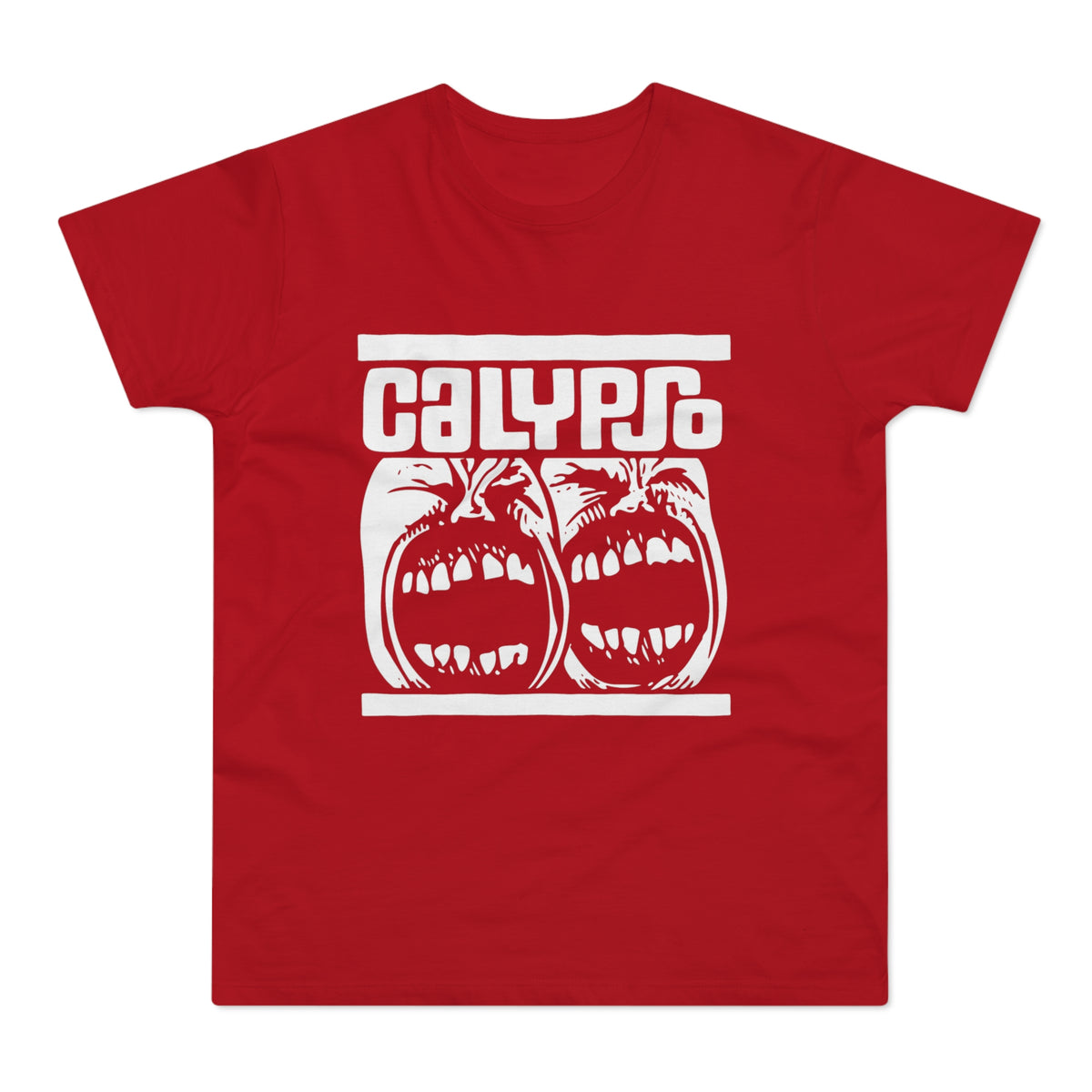 Red t-shirt with white text "CALYPSO" and two screaming faces.