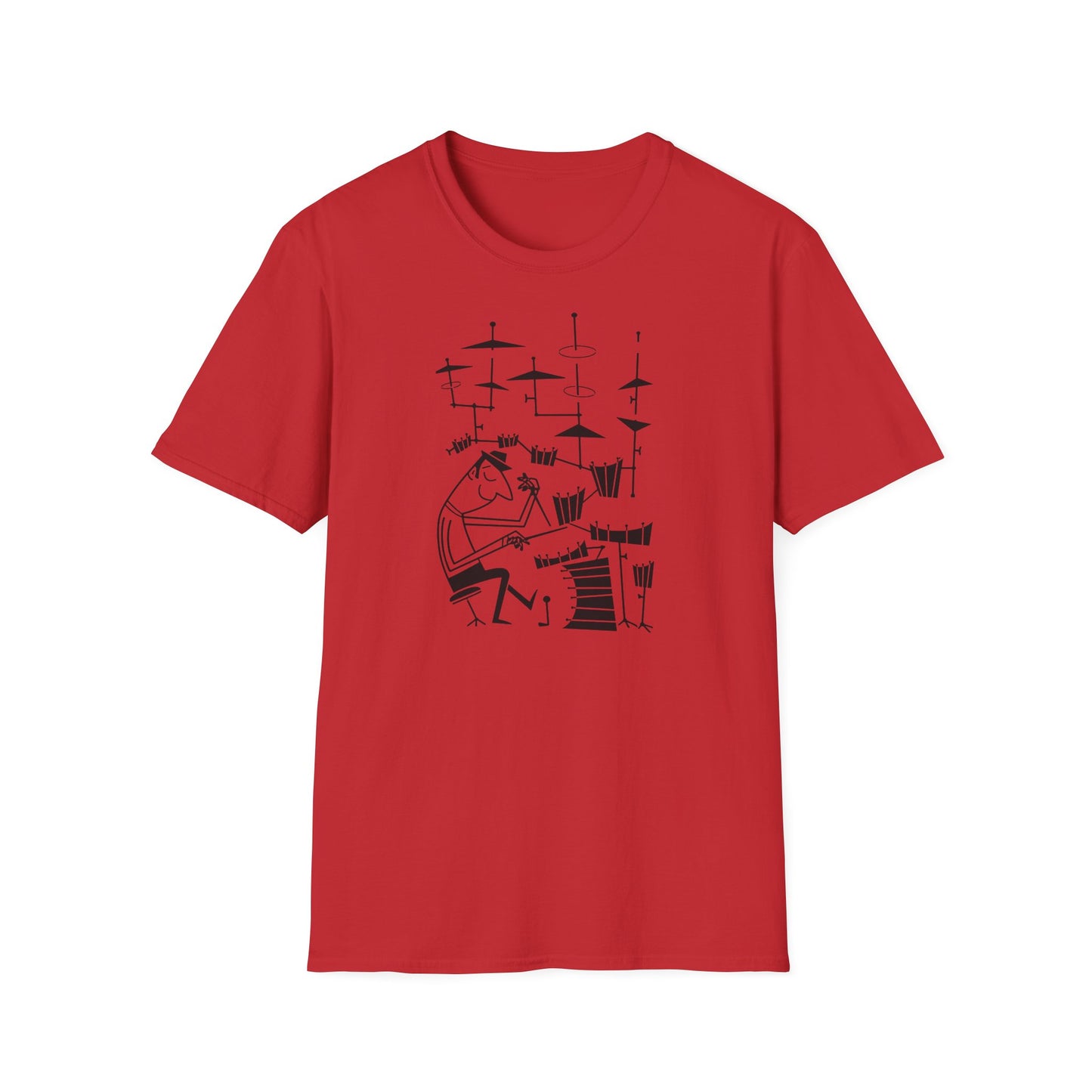 Red t-shirt with black graphic of a drummer playing a drum set.