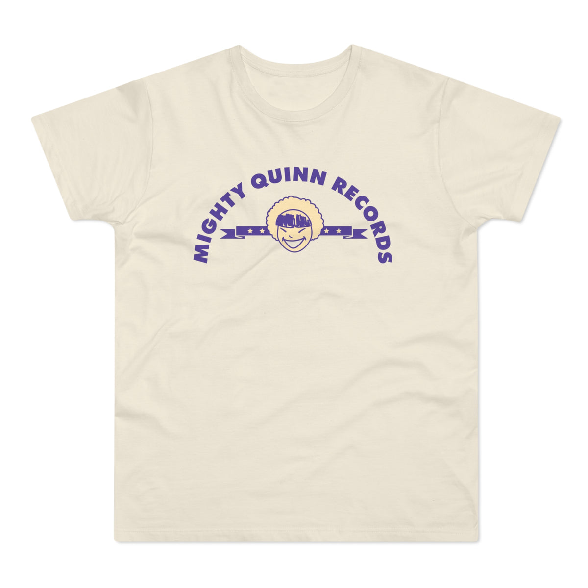 Cream t-shirt with arched purple text "MIGHTY QUINN RECORDS" and a smiling face logo.