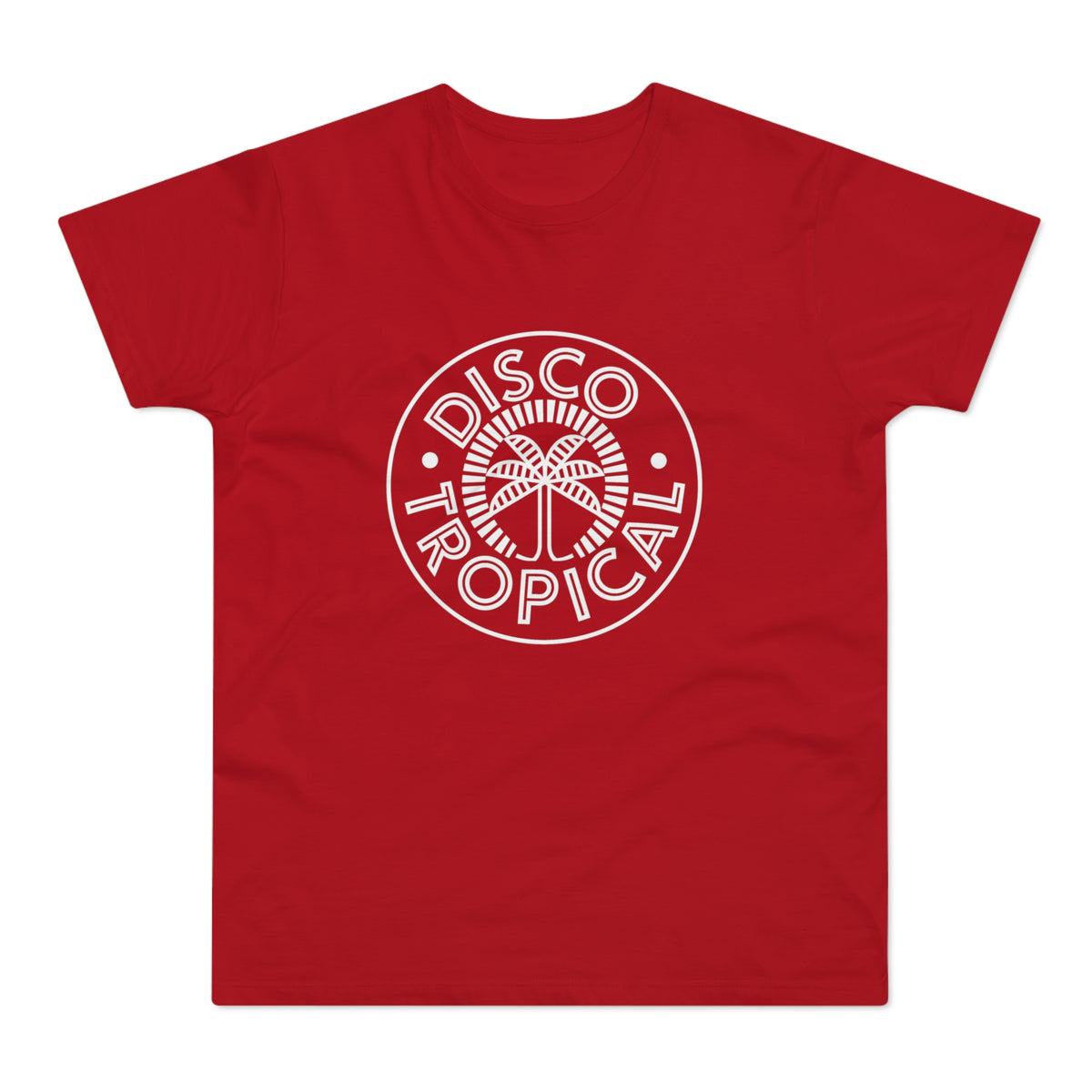 Red t-shirt with white "DISCO TROPICAL" text and palm tree logo.