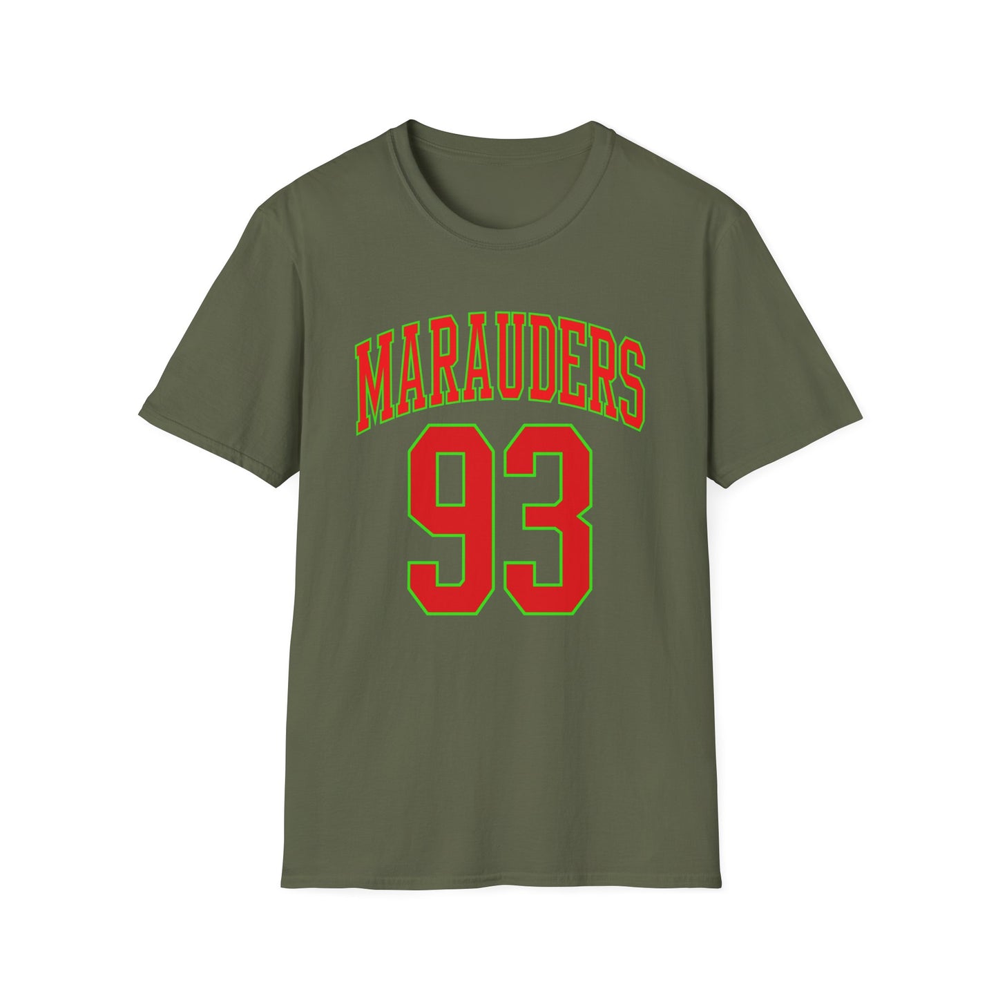 Olive green t-shirt with red text "MARAUDERS" and "93".