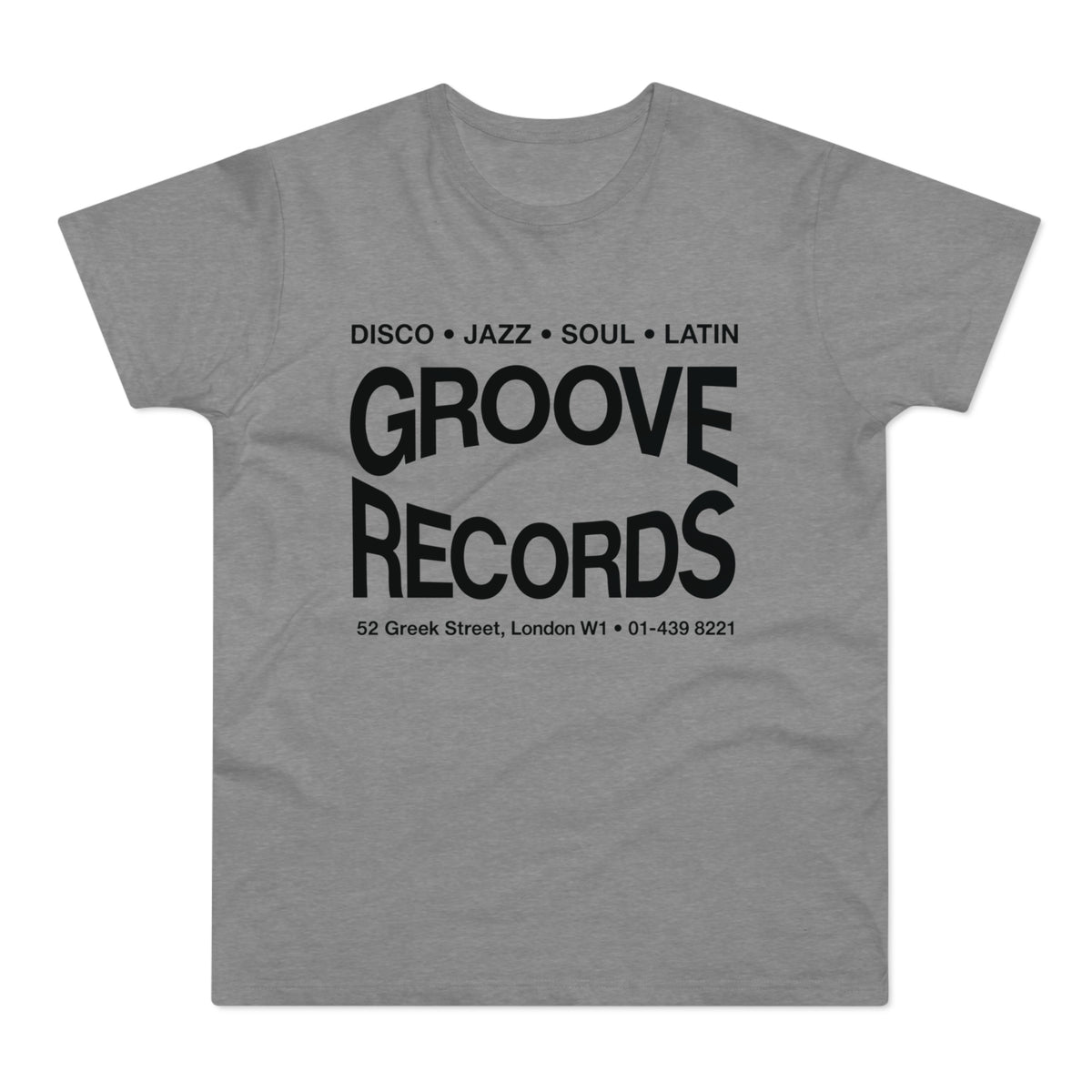 Grey t-shirt with "Groove Records" and music genres.