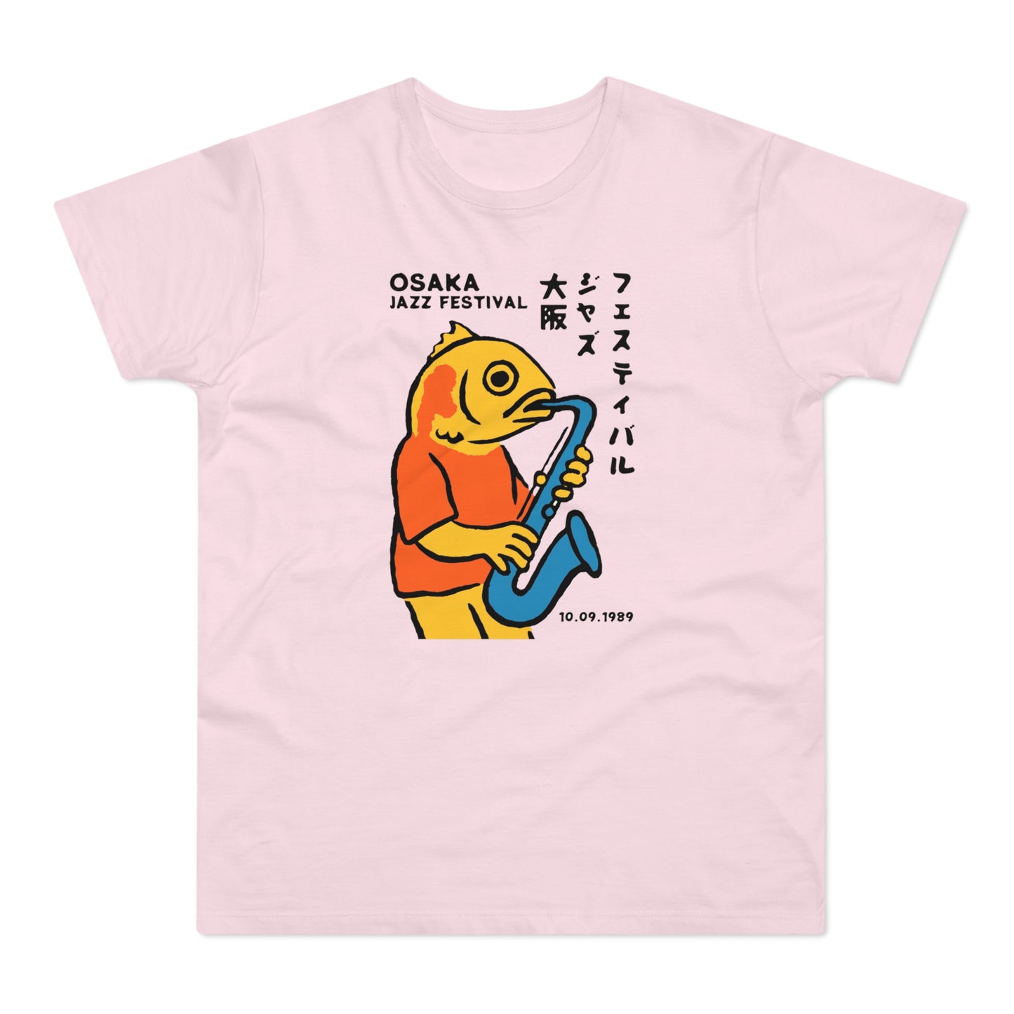 Cartoon fish playing saxophone, "OSAKA JAZZ FESTIVAL" and Japanese text, date 10.09.1989.