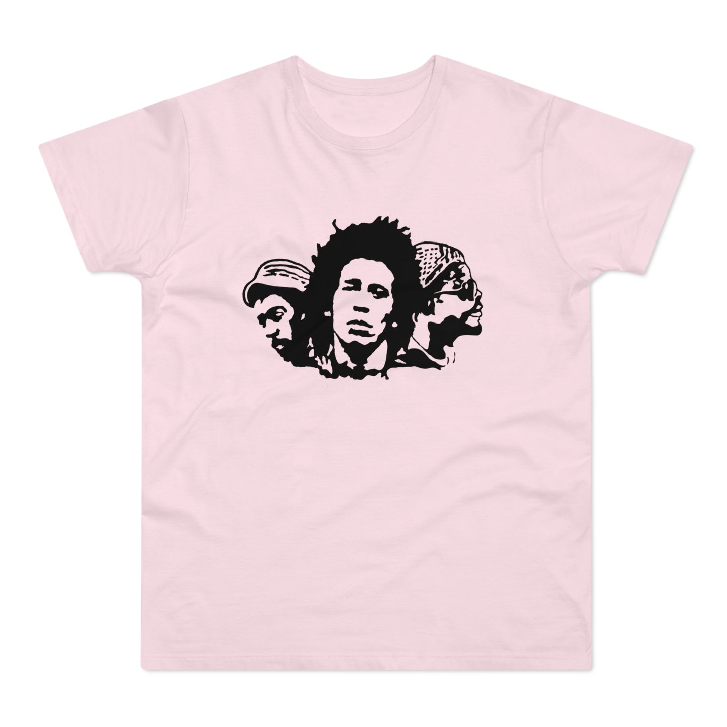 Black silhouette of three stylized heads on a pale pink t-shirt.