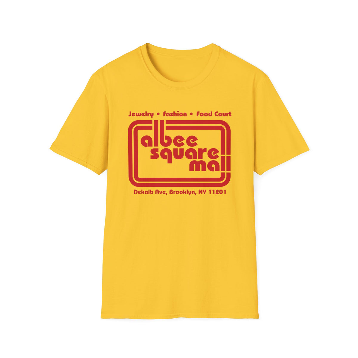 Yellow t-shirt with red "Albee Square Mall" logo and location information.