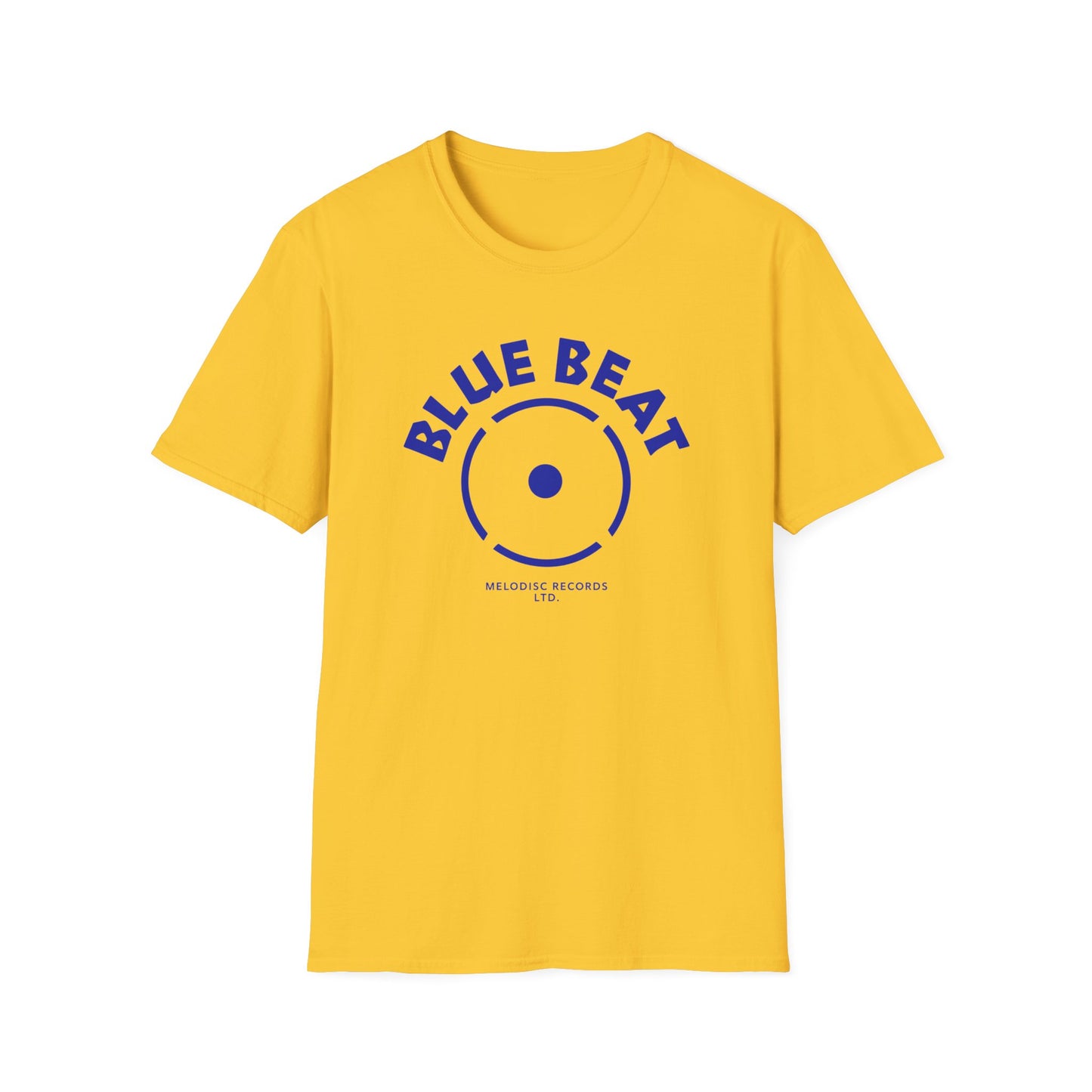 Yellow t-shirt with blue "BLUE BEAT" text and record graphic.