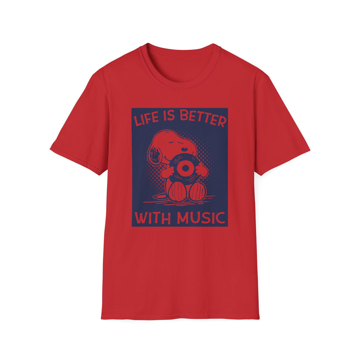 Red t-shirt with Snoopy holding a vinyl record and text "Life is Better with Music".