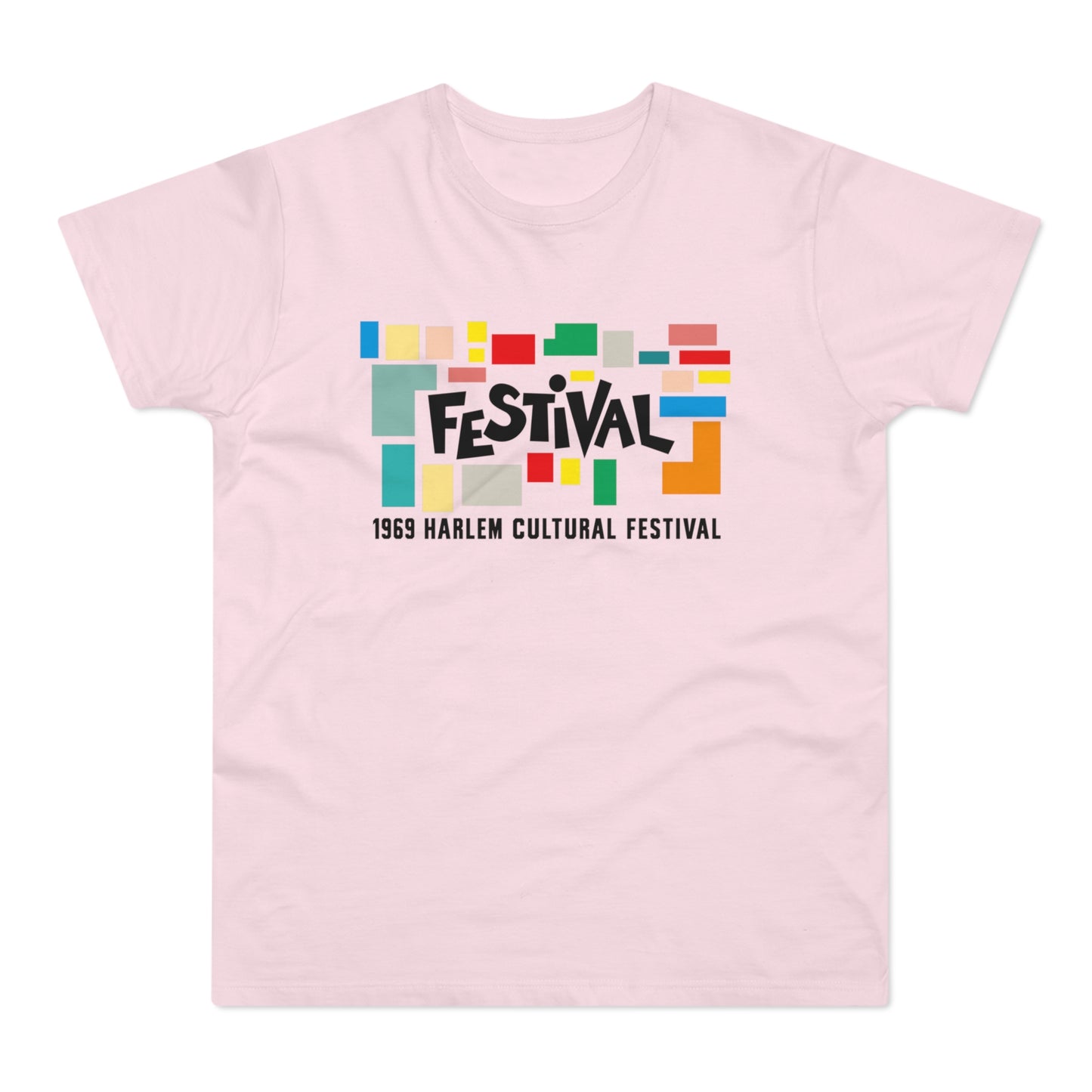 Pink t-shirt with "FESTIVAL 1969 Harlem Cultural Festival" text and colorful blocks.