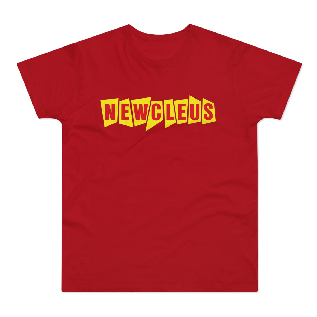 Red t-shirt with "NEWCLEUS" in yellow comic-style letters.