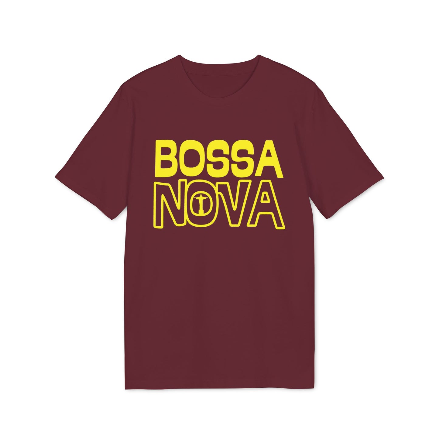 Maroon t-shirt with yellow "BOSSA NOVA" text and graphic.