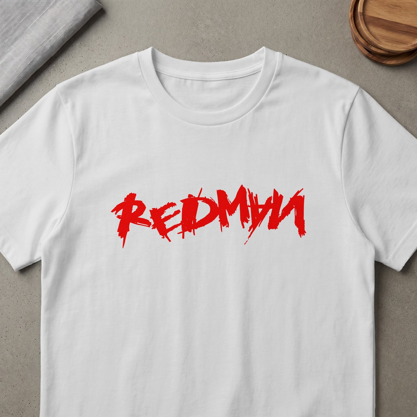 White t-shirt with distressed red "REDMYH" logo in block letters.