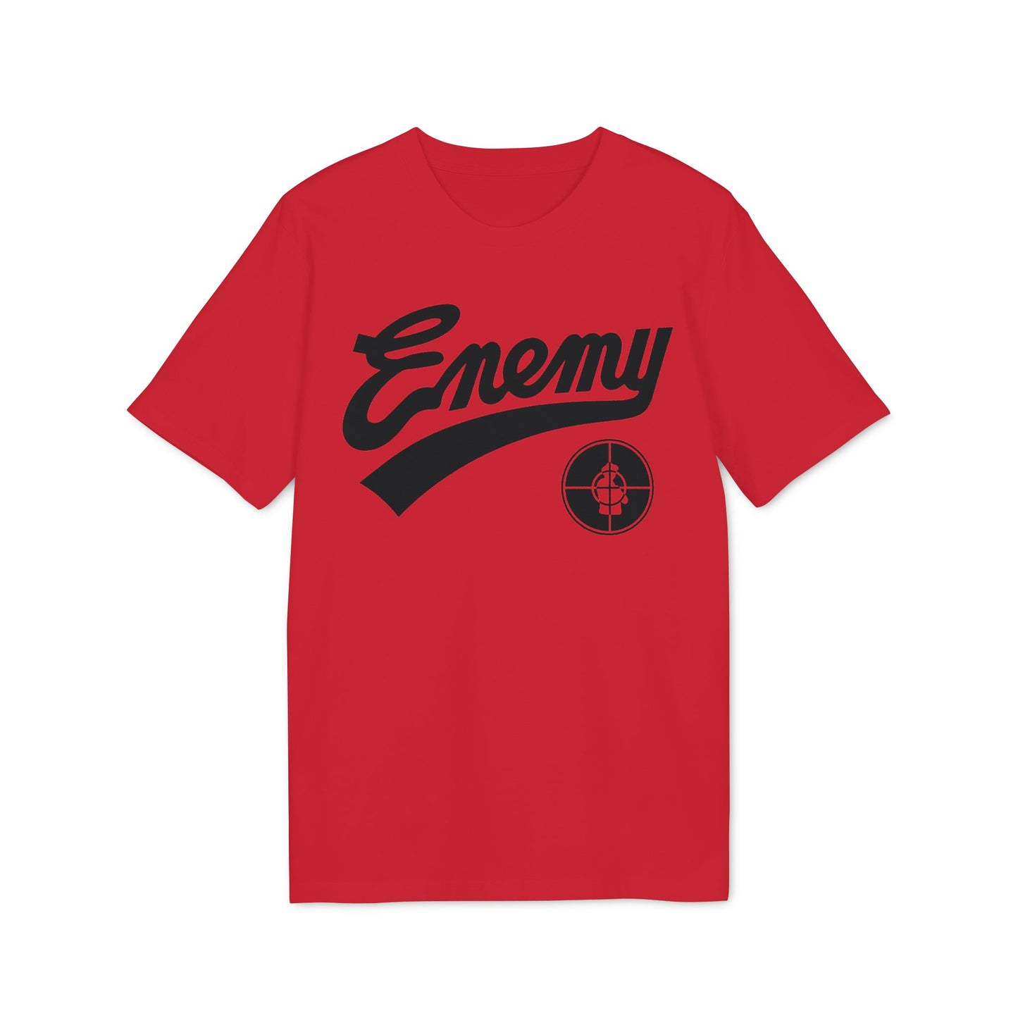 Red t-shirt with black script "Enemy" and target logo.
