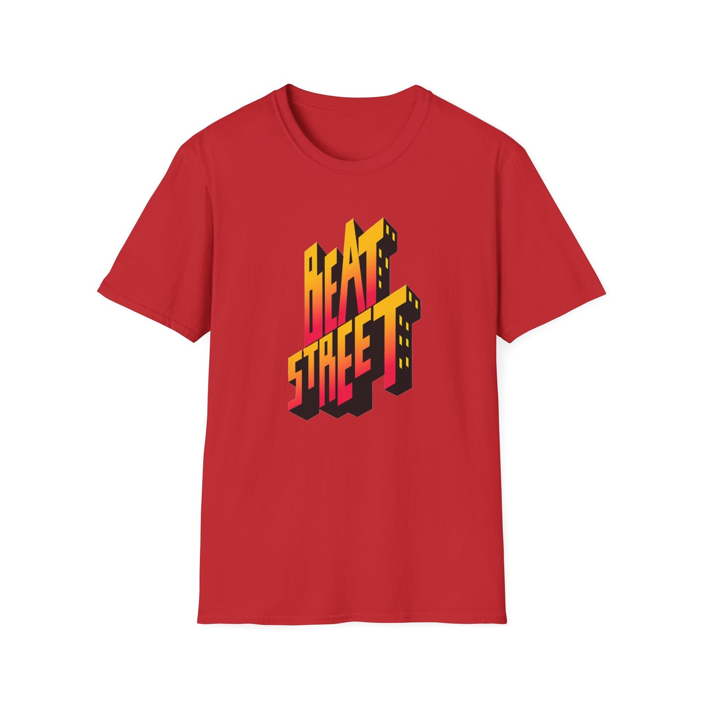 Red t-shirt with 3D "BEAT STREET" lettering featuring yellow and pink gradient.