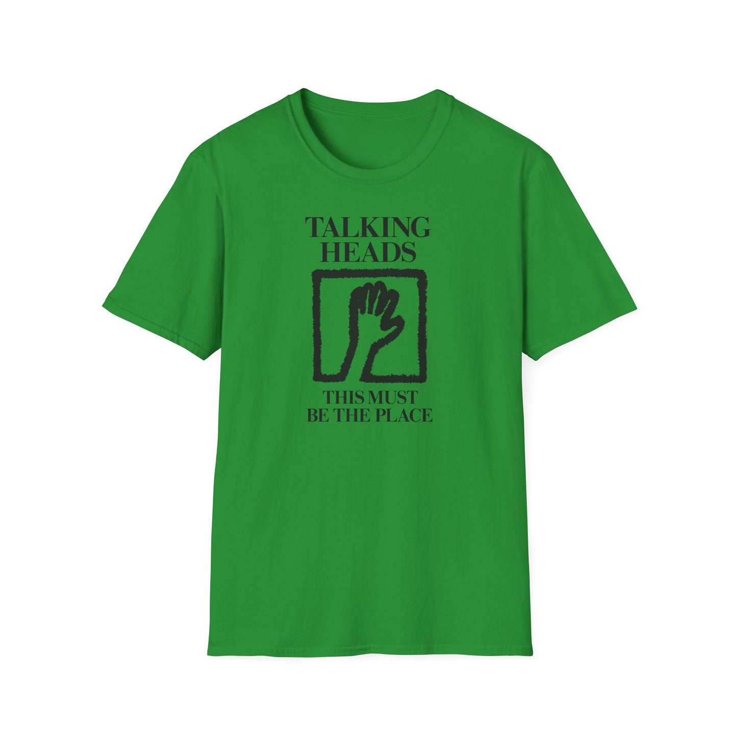 Green t-shirt with black "Talking Heads" text and hand graphic.