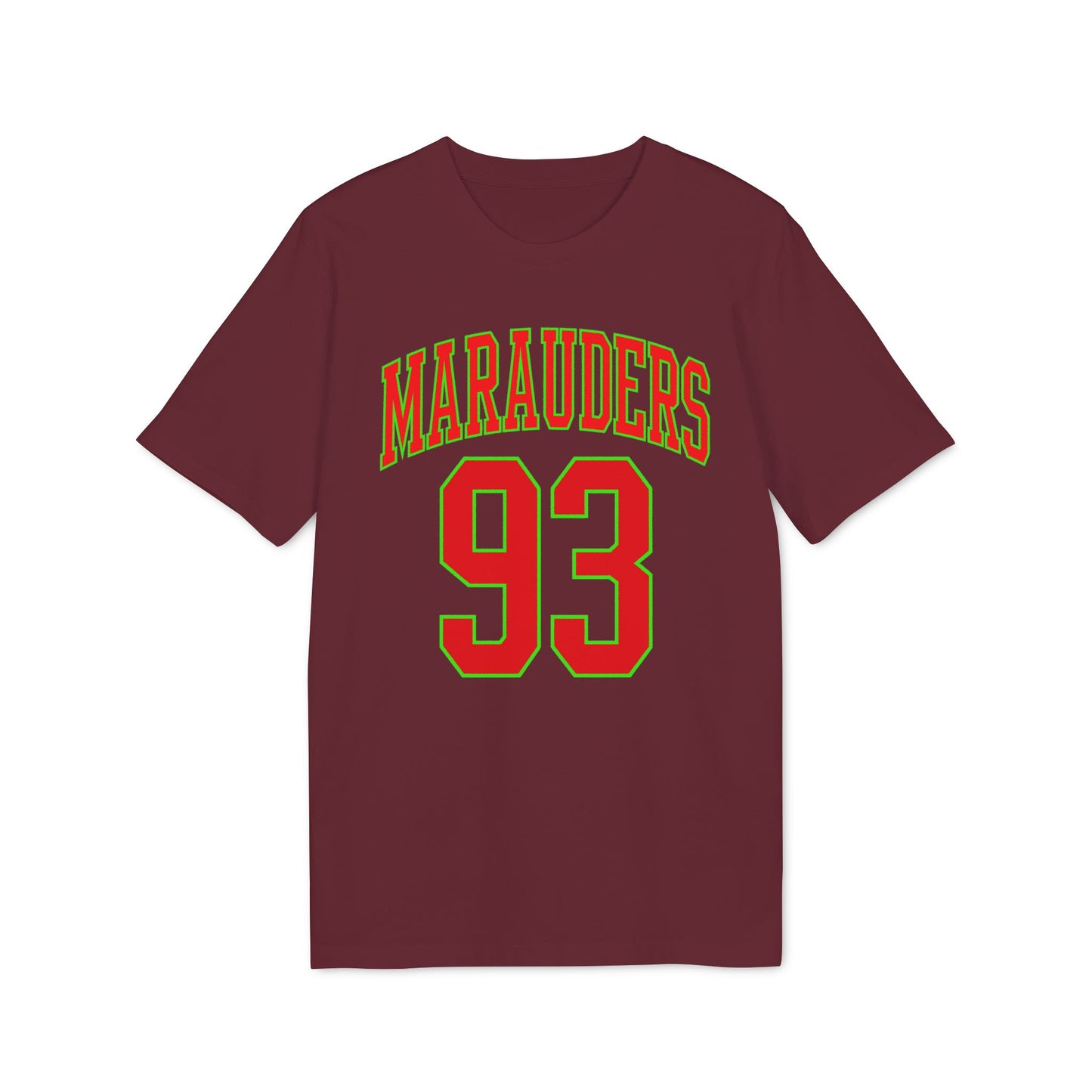 Maroon t-shirt with red and green "Marauders 93" graphic.