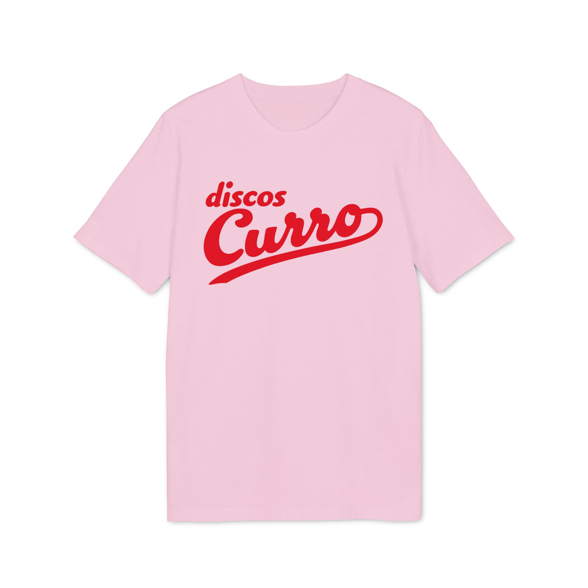 Pink t-shirt with red "discos Curro" text and heart accents.
