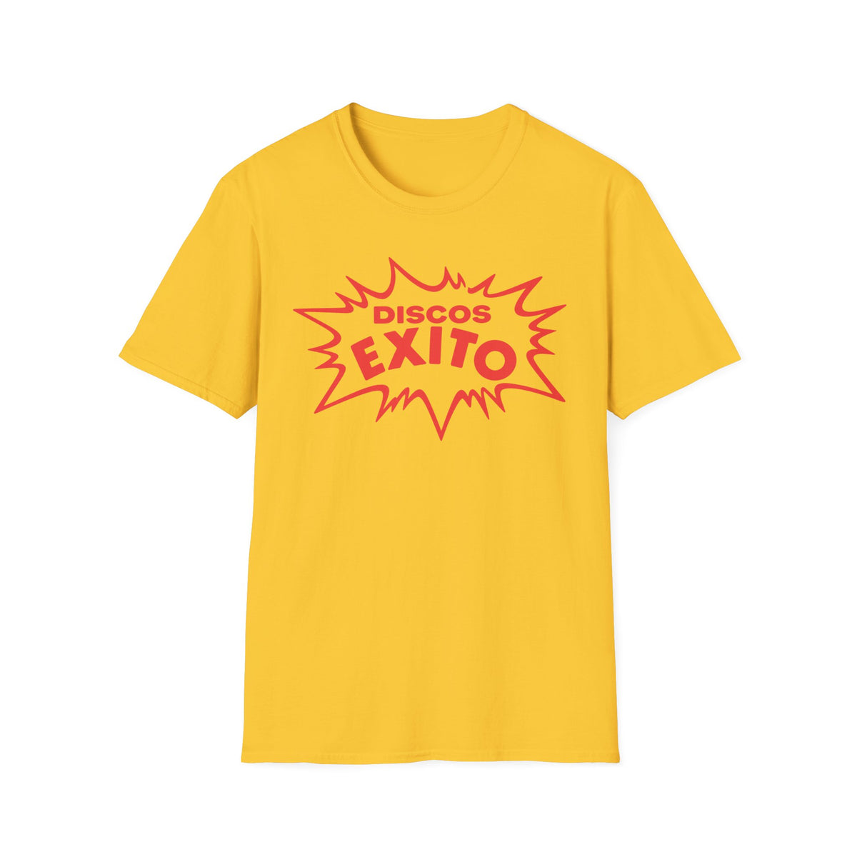 Yellow t-shirt with red "DISCOS EXITO" text in a comic book style burst.