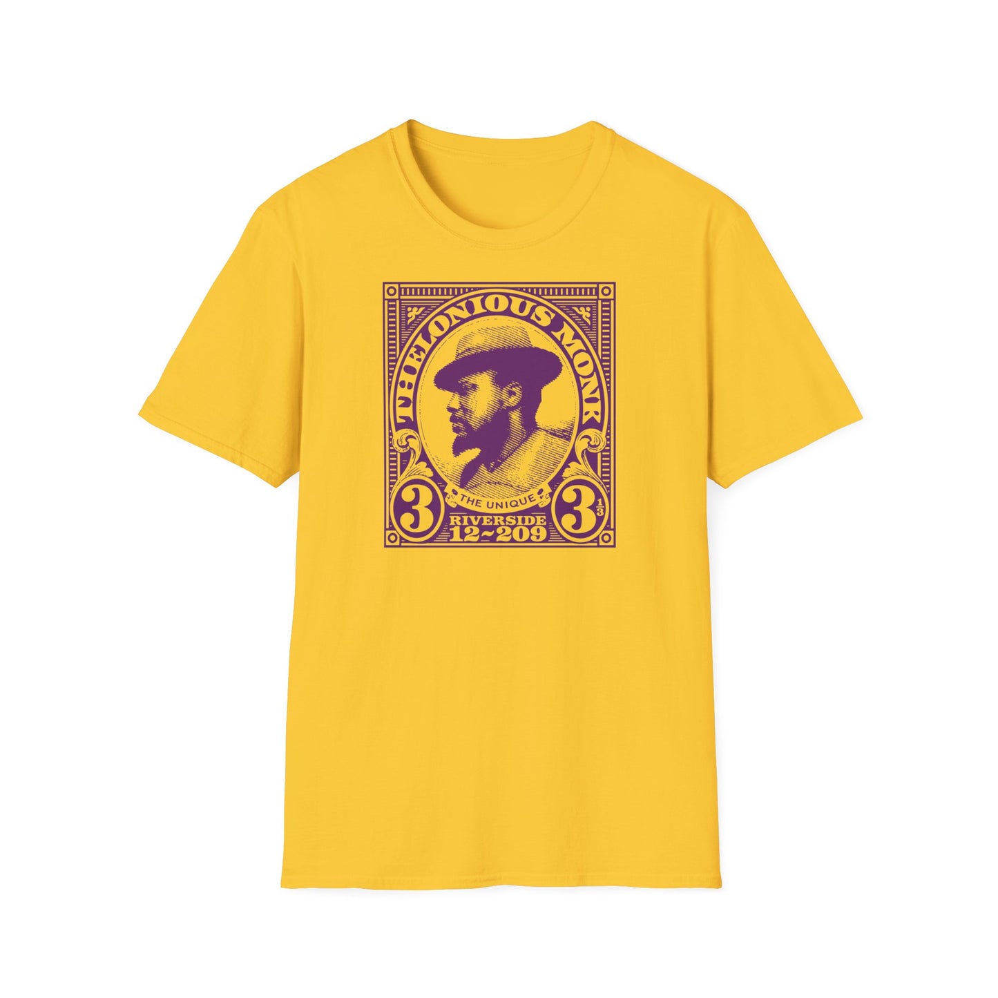 Yellow t-shirt featuring a purple graphic of Thelonious Monk with text.