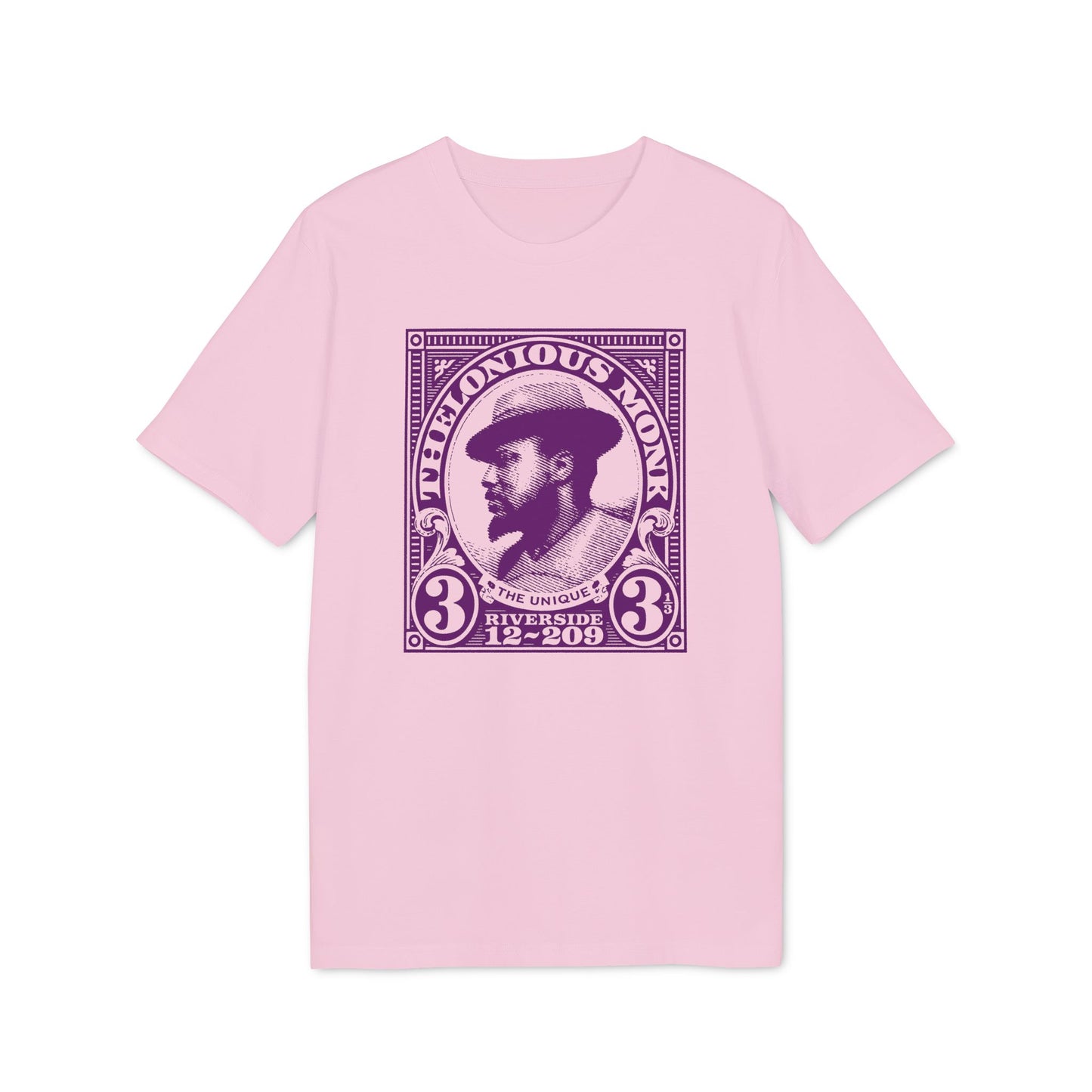 Pink t-shirt with a purple stamp design featuring Thelonious Monk.