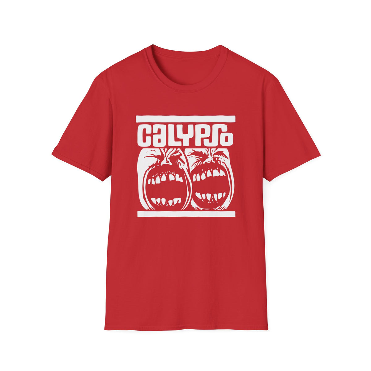 Red t-shirt with white CALYPSO text and screaming faces graphic.