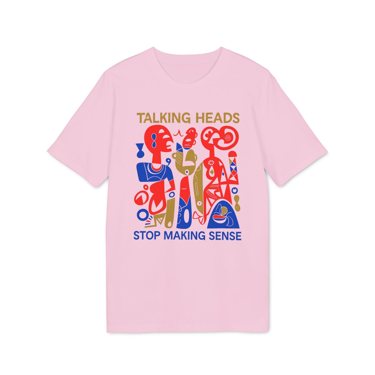 Pink t-shirt with a colorful abstract graphic and "TALKING HEADS STOP MAKING SENSE" text.
