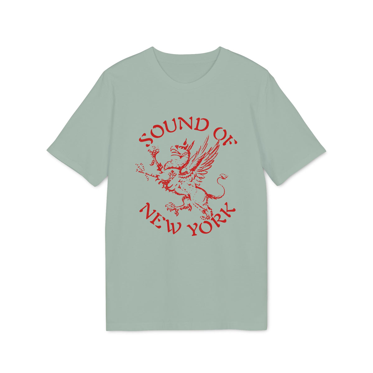 Light green t-shirt with red "Sound of New York" text and a griffin graphic.