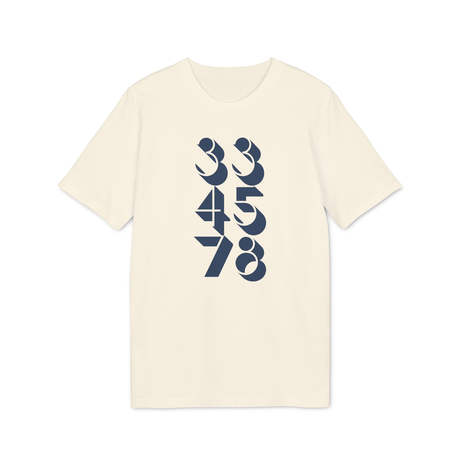 Cream t-shirt with navy blue numbers 334578 vertically displayed.