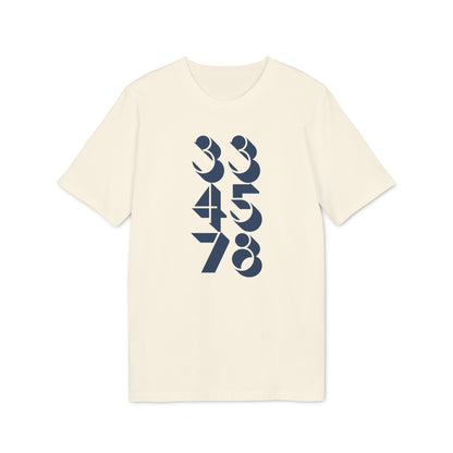 Cream t-shirt with navy blue numbers 334578 vertically displayed.