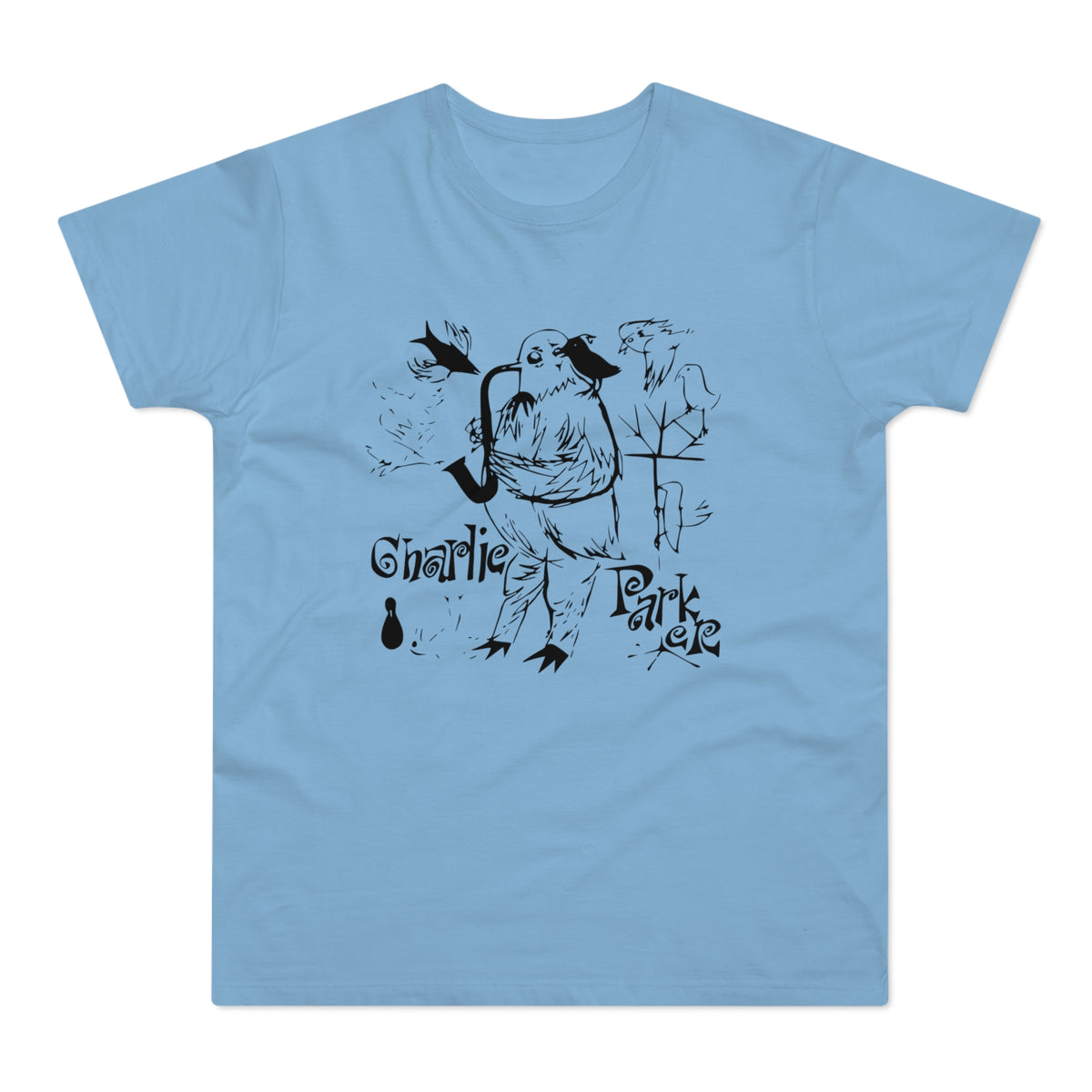 Bird playing saxophone with "Charlie Parker" text on blue t-shirt.