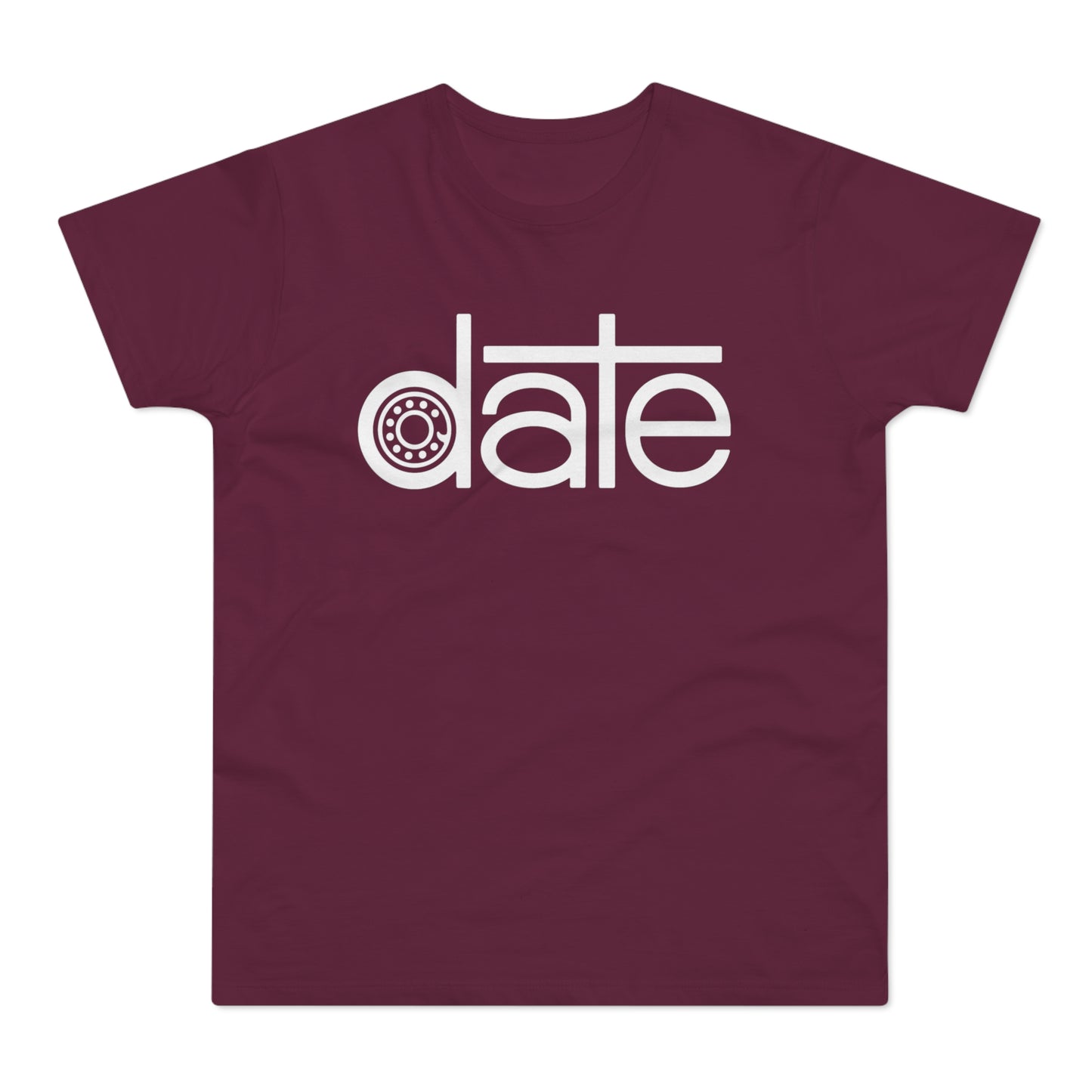 Maroon t-shirt with white "date" text featuring a bearing graphic in the "d".