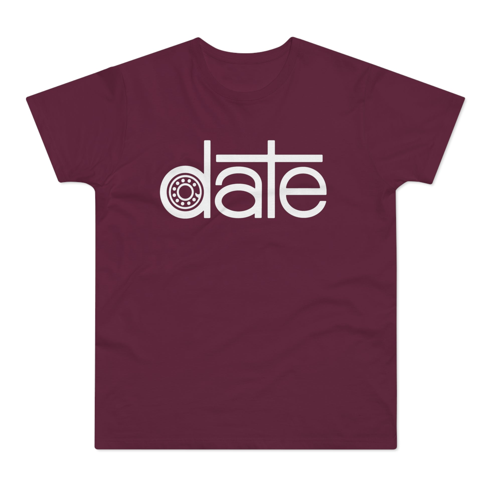 Maroon t-shirt with white "date" text featuring a bearing graphic in the "d".