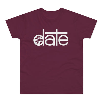 Maroon t-shirt with white "date" text featuring a bearing graphic in the "d".