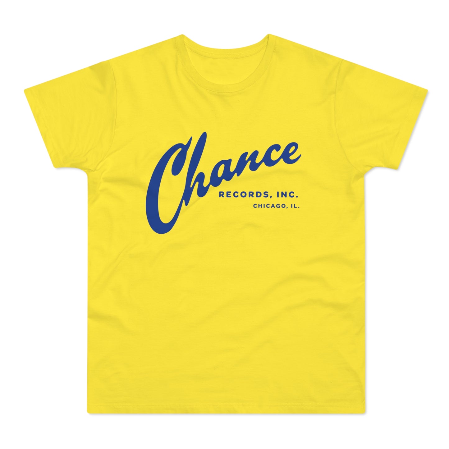 Yellow t-shirt with blue "Chance Records, Inc. Chicago, IL." logo.