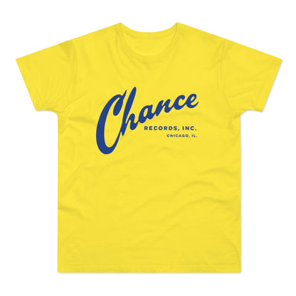 Yellow t-shirt with blue "Chance Records, Inc. Chicago, IL." logo.