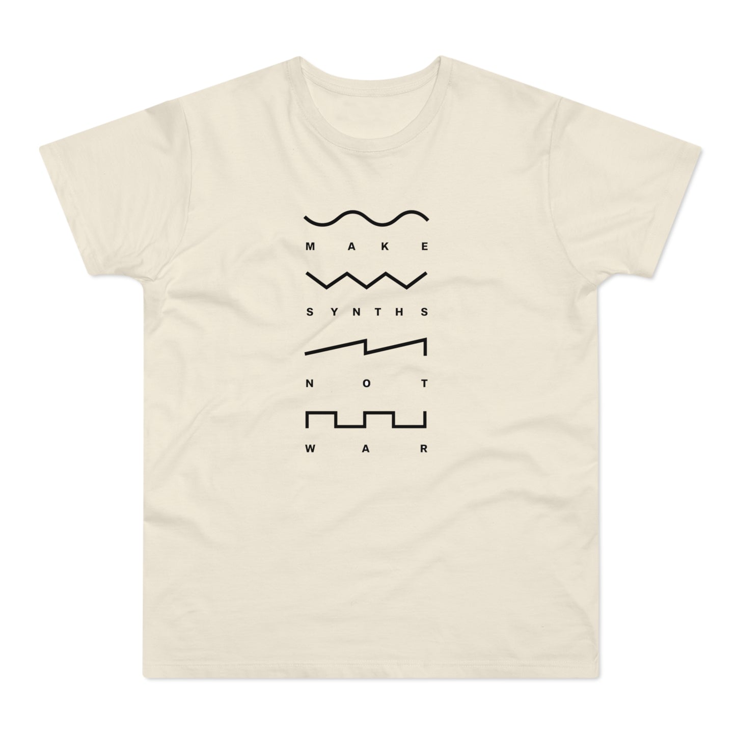 Cream t-shirt with black text "MAKE SYNTHS NOT WAR" and waveform graphics.