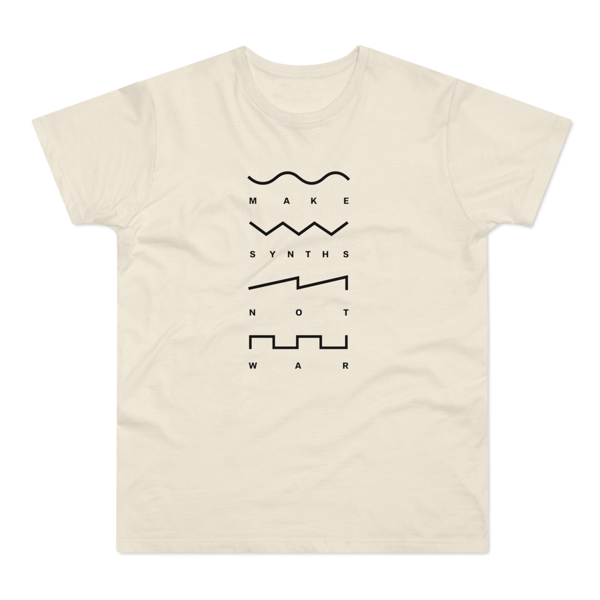 Cream t-shirt with black text "MAKE SYNTHS NOT WAR" and waveform graphics.