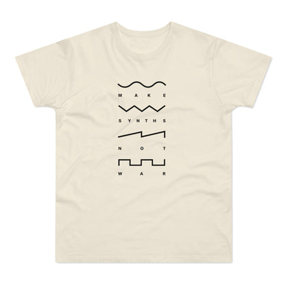 Cream t-shirt with black text "MAKE SYNTHS NOT WAR" and waveform graphics.